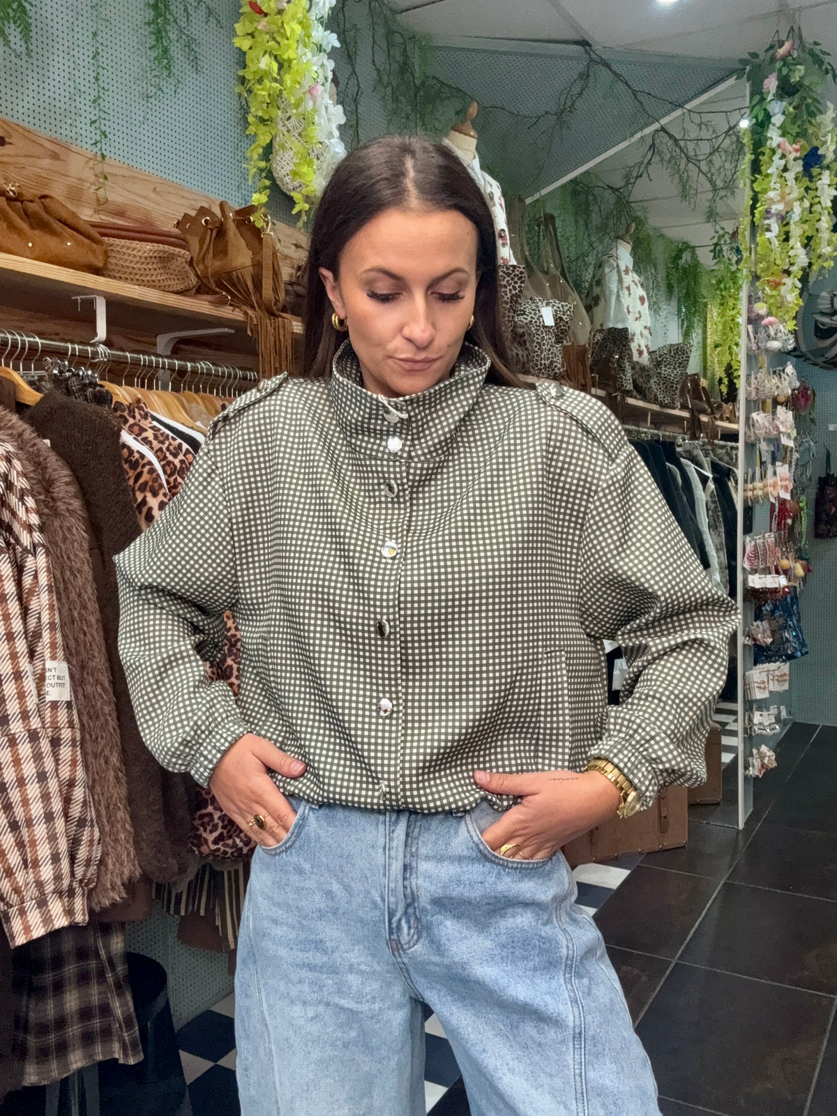 Veste à carreaux col montant avec bouton pression