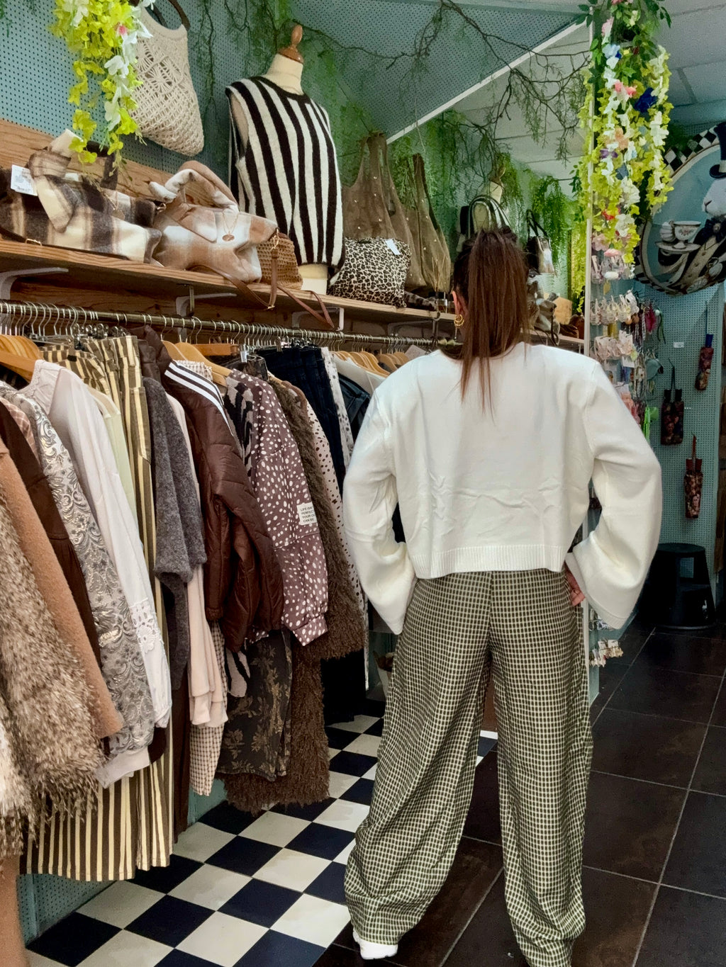 Pantalon à carreaux taille haute à plis