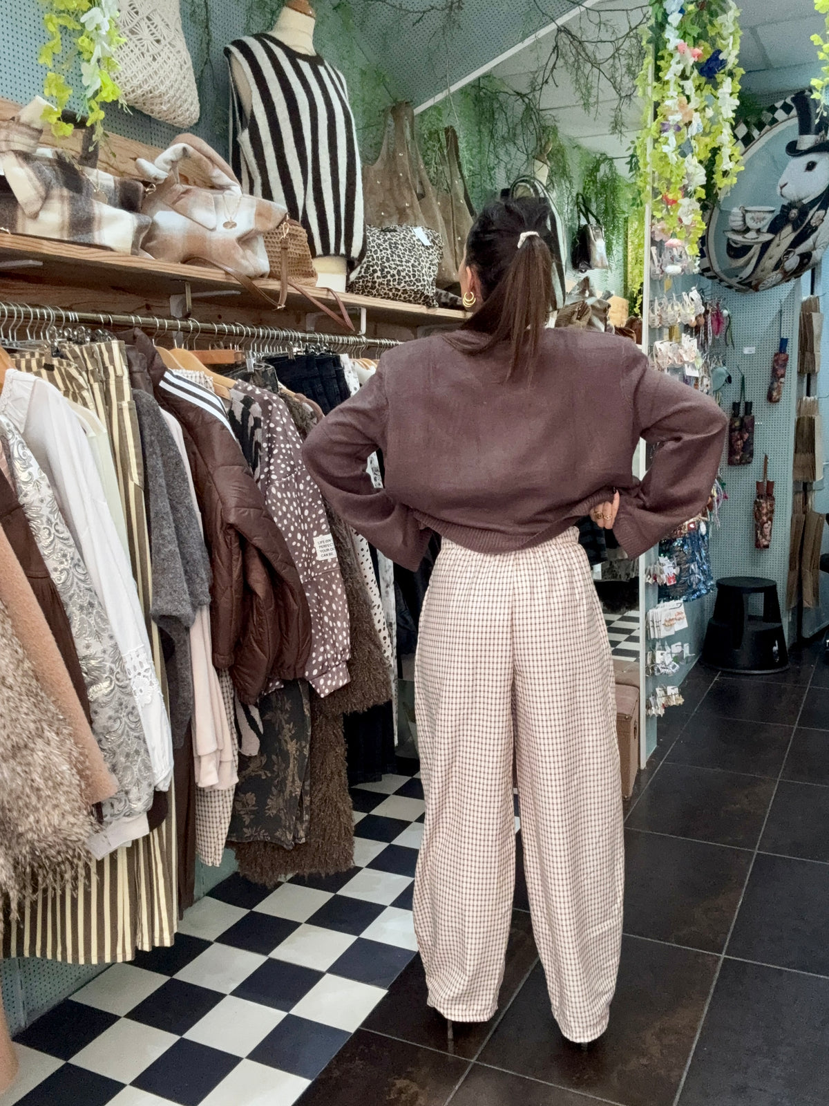 Pantalon à carreaux taille haute à plis