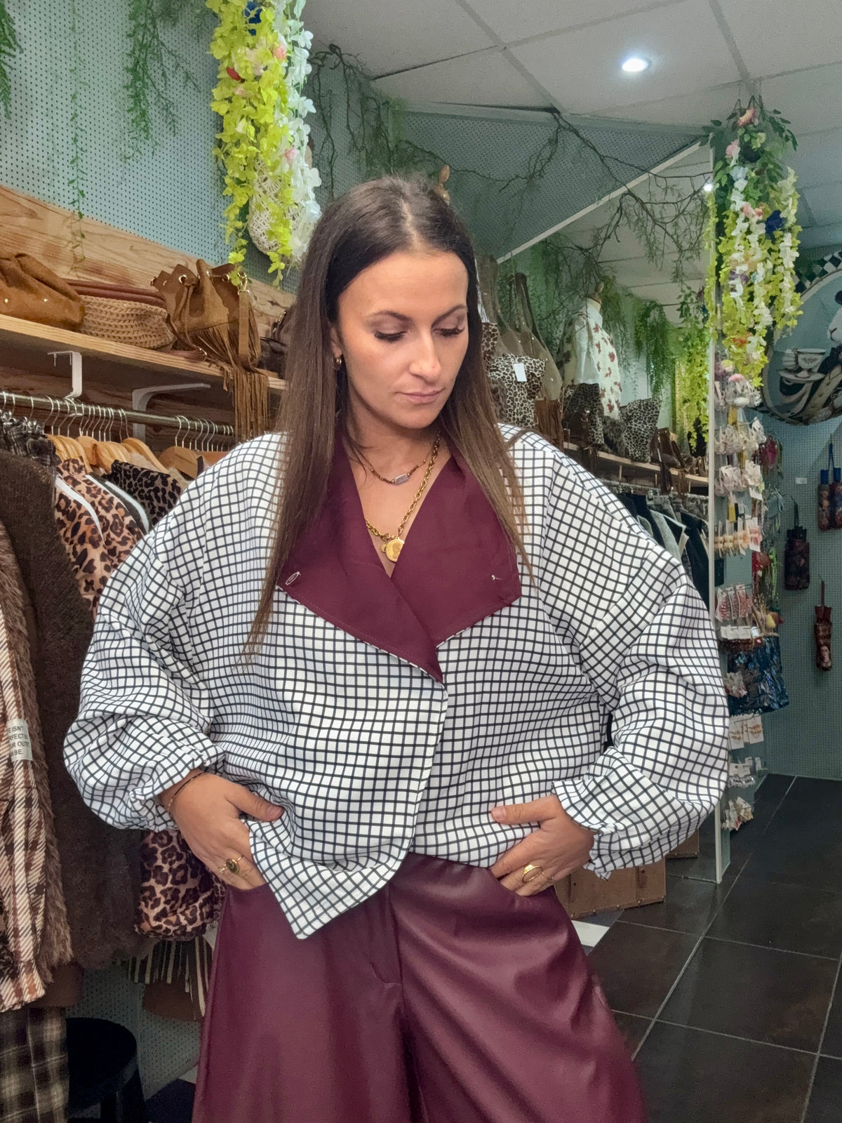 Veste à carreaux col ajustable deux façons de porter